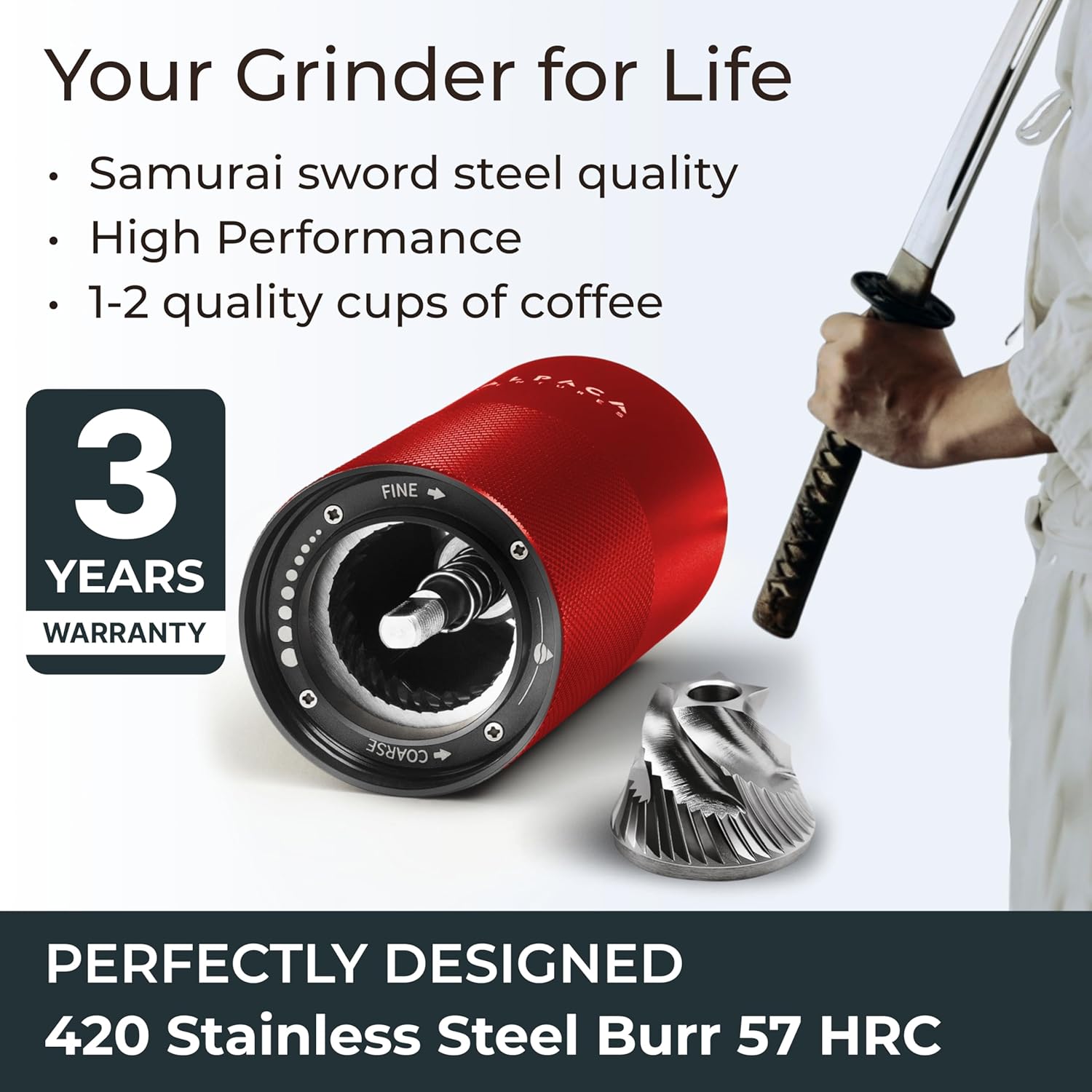 Manual Coffee Grinder by Alpaca Ventures - Stainless Steel Conical Burr Coffee Grinder Manual with Adjustable Setting Double Bearing Hand Espresso Grinder Perfect for Home, Office and Camping