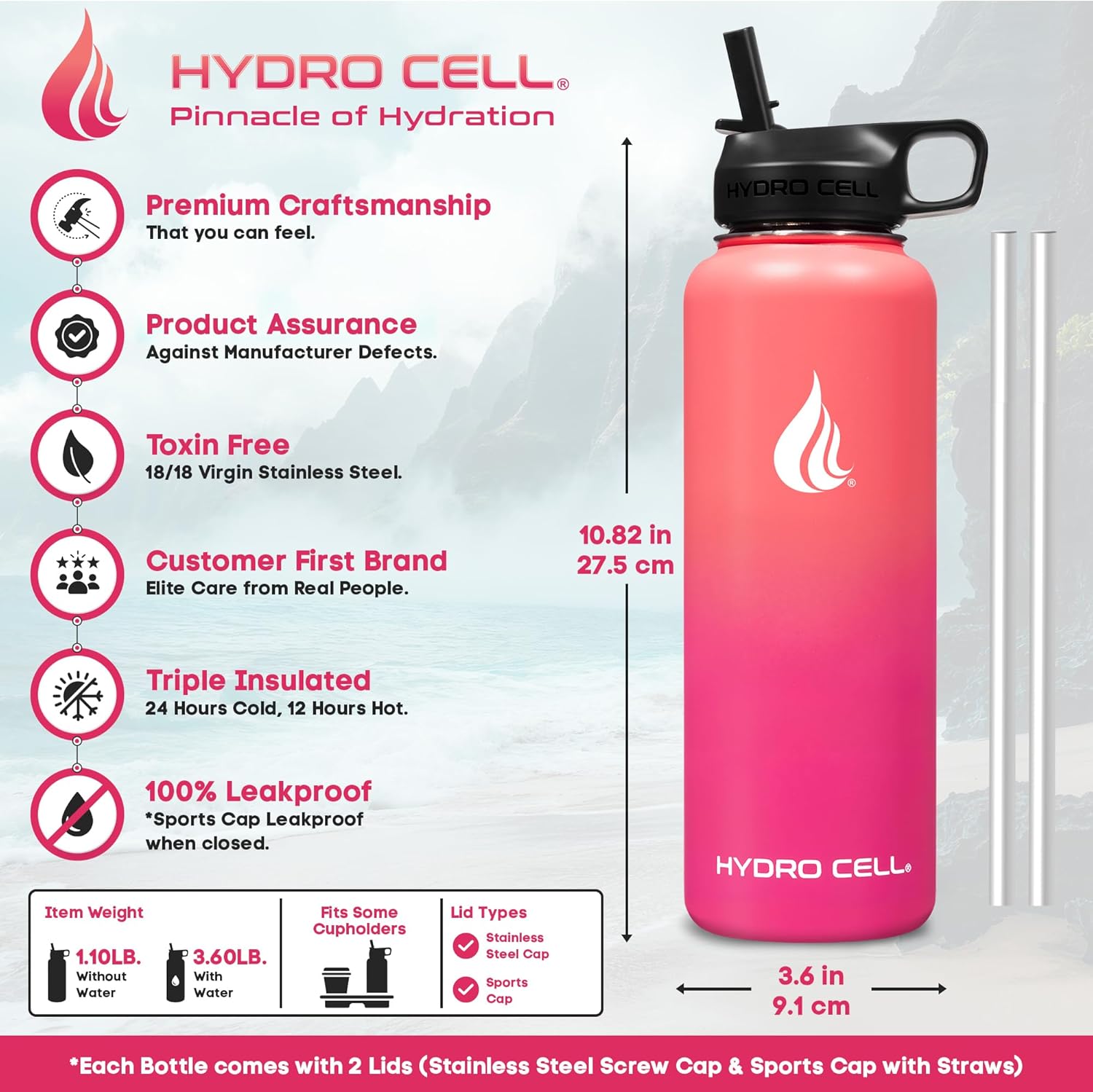 HYDRO CELL Stainless Steel Insulated Water Bottle with Straw - For Cold & Hot Drinks - Metal Vacuum Flask with Screw Cap and Modern Leakproof Sport Thermos for Adults (Coral/Punch 40oz)