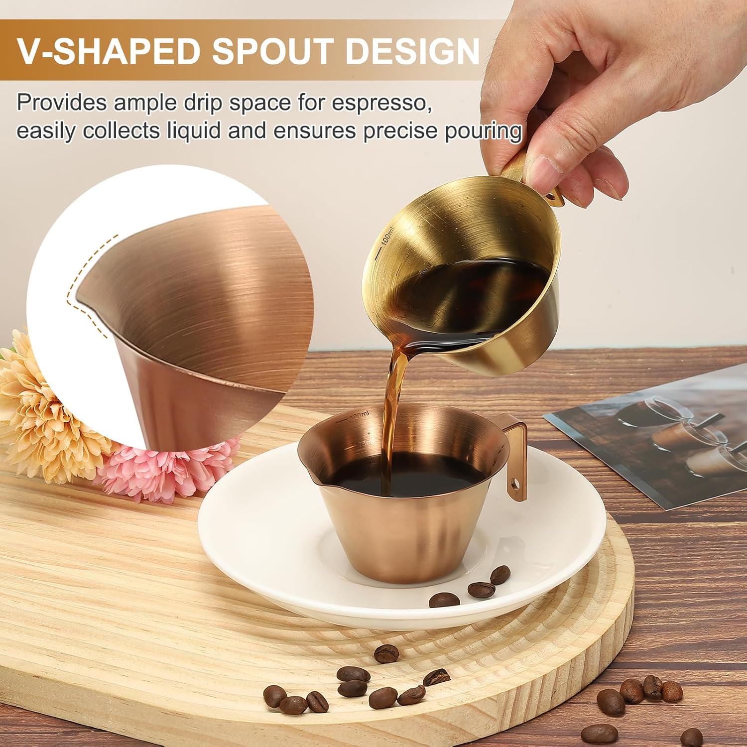 uxcell 2 Pcs Stainless Steel Espresso Cup with Handle, V-Shaped Mouth Espresso Measuring Cup with Scale for Preparing Coffee, Cocktails, 3.4OZ/100ML (Iridescent)