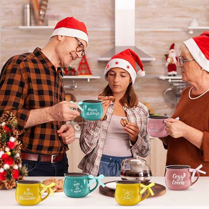Sawysine Christmas Coffee Mugs Set of 6, 12 oz Ceramic Mug Gift Holiday Hot Cocoa for Family Mom Woman Friend Farmhouse(Pastel Style)