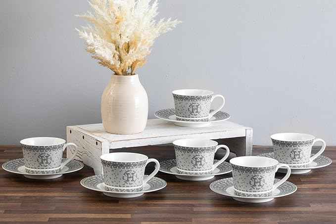 Porcelain Tea Set for 6 - Cups (6 oz) and Saucers - 12 Piece Tea Party Set for Black Tea, Cappuccino or Decor - Gorgeous Mosaic Design with Silver Accents - For All Occasions (12 Piece Set)