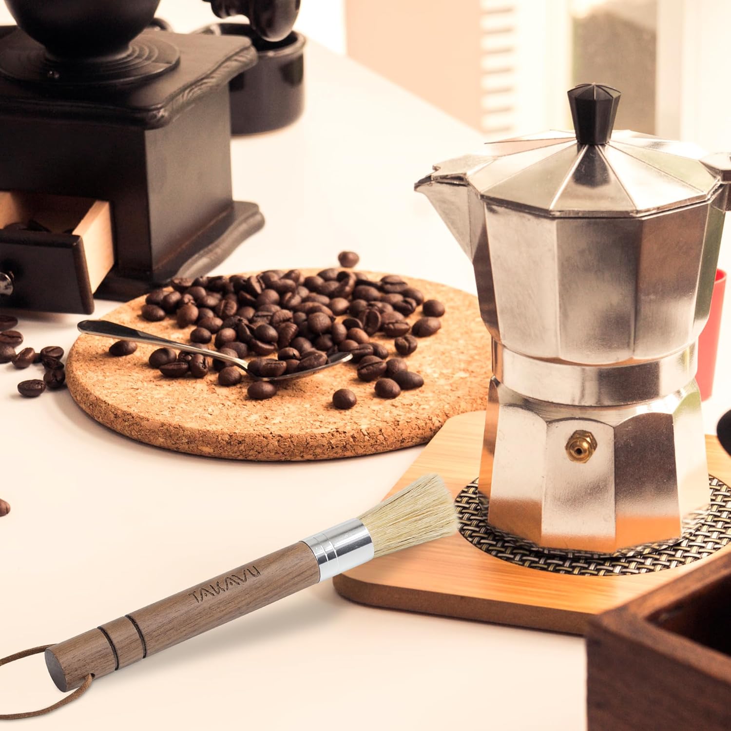 Takavu Coffee Grinder Cleaning Brush, Barista Brush with Stiff White Boar Bristle, Espresso Machine Cleaner Tool, Brista Dusting Accessories Used on Group Heads Shower Screen Portafilter Scoop Tamper