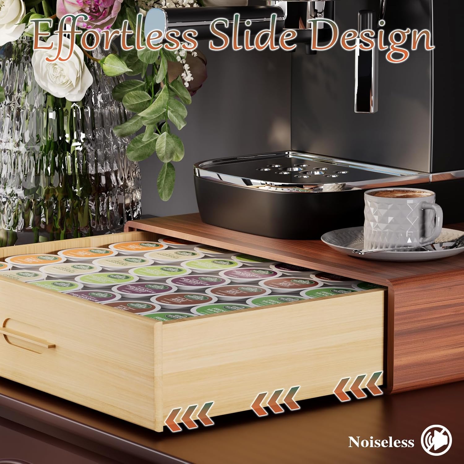 Wooden Kcup Holder for Counter,Tea and Nespresso Coffee Pod Storage Drawer,Nespresso K Cup Organizer,Keurig Pod Holder Organizer,Nespresso Coffee Bar Accessories