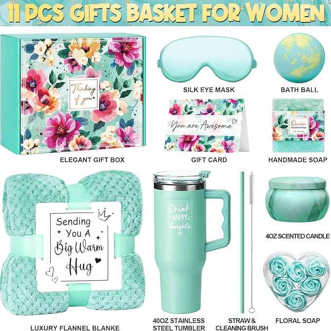 Birthday Gifts for Women Self Care Get Well Soon Gifts, Ocean Relaxing Spa Gift Box Care Package Basket w/ Luxury Flannel Blanket 40 oz Tumbler, Mother's Day Gift for Mom Her Wife Girlfriend Grandma