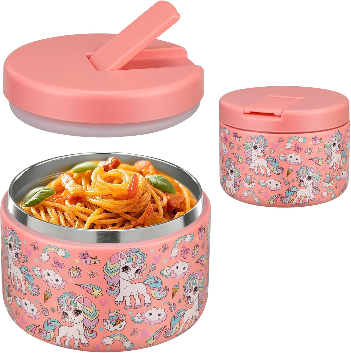 12oz Insulated Vacuum Food Jar with Buckle Lid Wide Mouth Soup Thermo for Hot Food Kids Leakproof Stainless Steel Lunch Container (Pink-Horse) - Blissbrew
