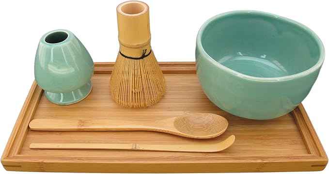 BambooMN Brand - Matcha Bowl Set (Includes Bowl, Rest,Tea Whisk, Chasaku, Tea Spoon & Tray) 10 Sets Green