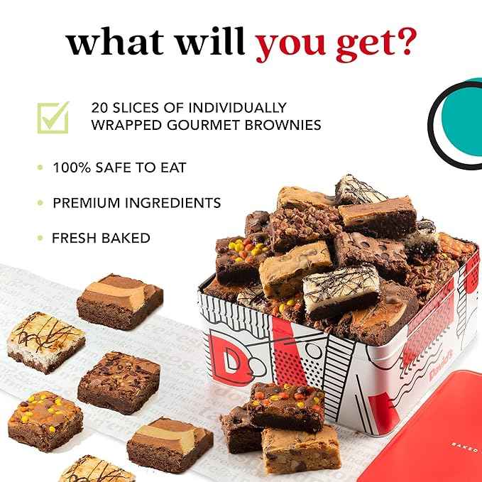 David's Cookies Assorted Brownies Gift Tin - 20 Slices of Individually Wrapped Gourmet Brownies - Delicious Variety of Flavors, Fresh Baked Snacks - Ideal Brownies Gift Basket For Special Occasions