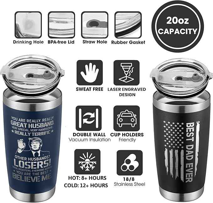 Father Day Gift Bundle for Dad, Husband - Birthday Gifts for Dad from Daughter, Son - Anniversary Husband Gifts from Wife - 20 Oz Stainless Steel Tumbler Set