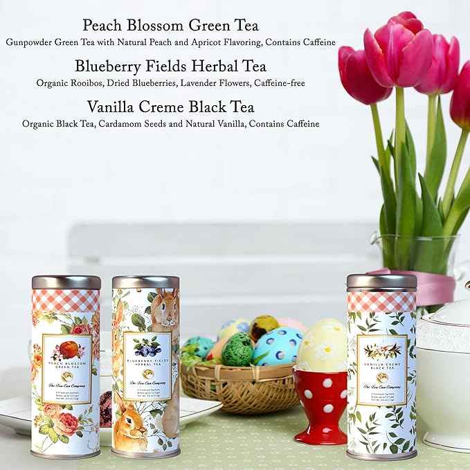 Easter Gift Basket by La Tea Dah, Festive Tea Gift Box with Three Skinny Tins of Assorted Teas, Peach Green, Vanilla Chai, & Herbal Blueberry, Adult Easter Gifts (18 Sachets)