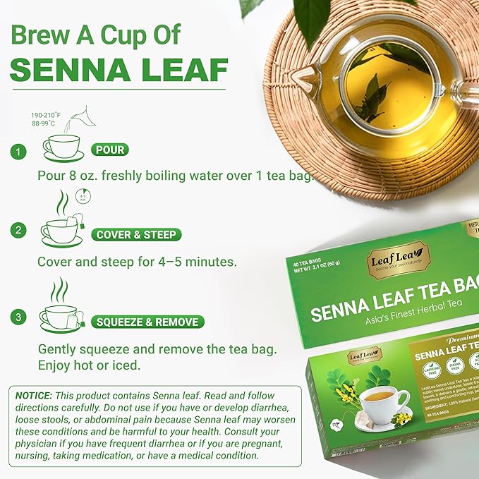 LeafLea 120 Senna Tea Bags – Pure Senna Herbal Laxative Tea, Naturally Supports Constipation Relief & Digestive Cleanse, Caffeine-Free, No Sugar, No Gluten, Non-GMO, Vegan, Individually Wrapped