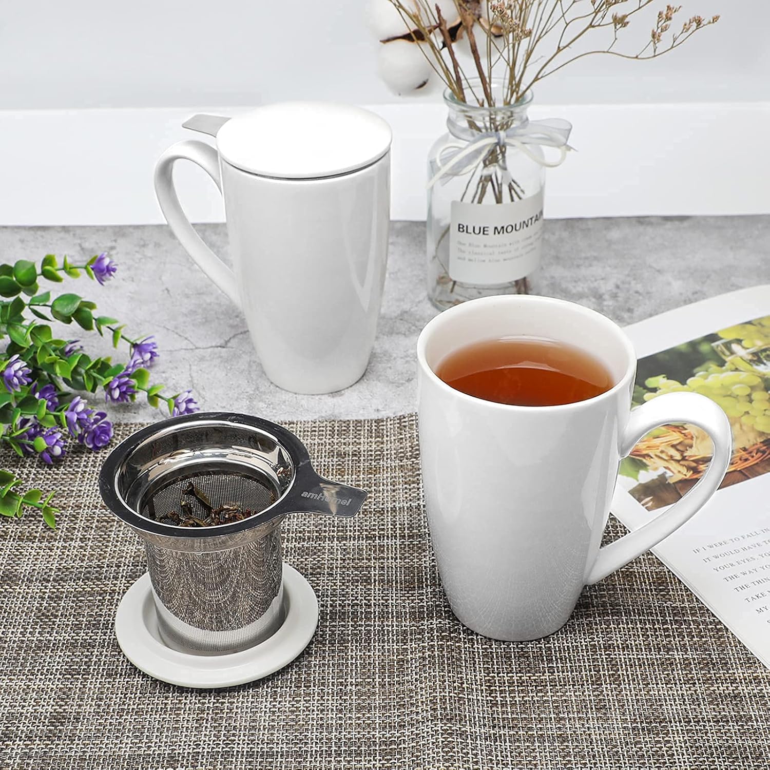 amhomel Porcelain Tea Mug with Infuser and Lid, 16 Ounce Ceramic Tea Cup for Loose Leaf, Coffee, Cocoa and Milk, Tea Gift for Tea Lovers, Set of 2(White)