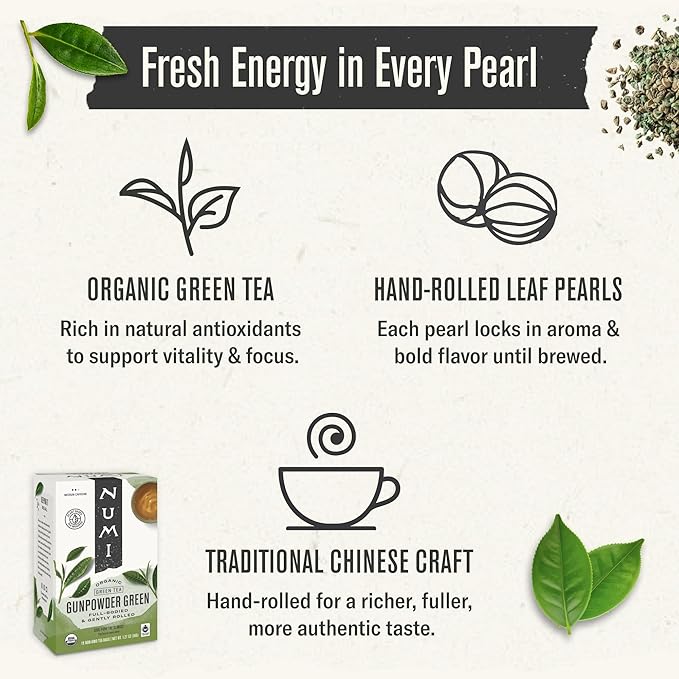 Numi Organic Gunpowder Green Tea - 18 Green Tea Bags - Microplastic Free