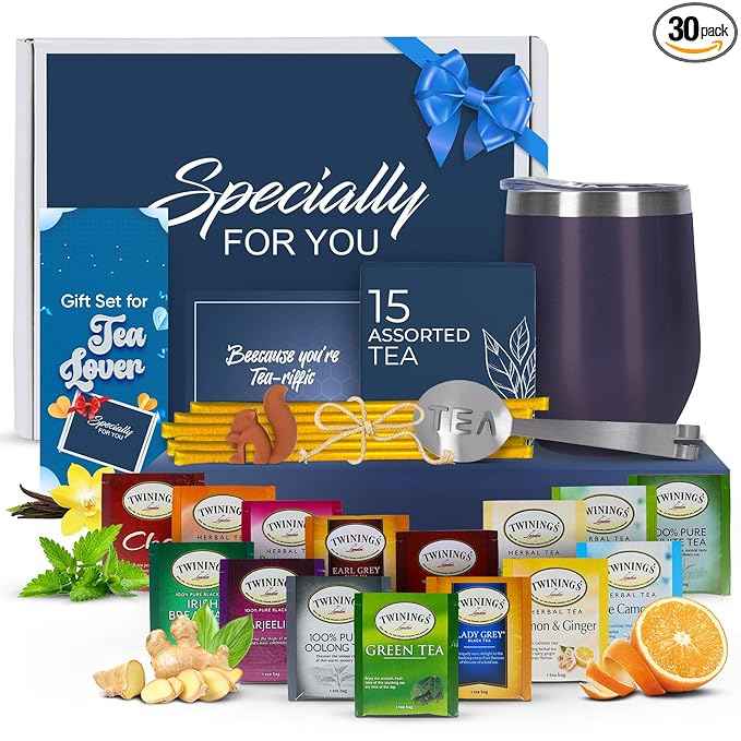 Tea Gifts for Women – Sampler Gift Basket with 15 Unique Blends, Honey Sticks, Stainless Tumbler & Gift-Ready Box (Blue/Blue box)