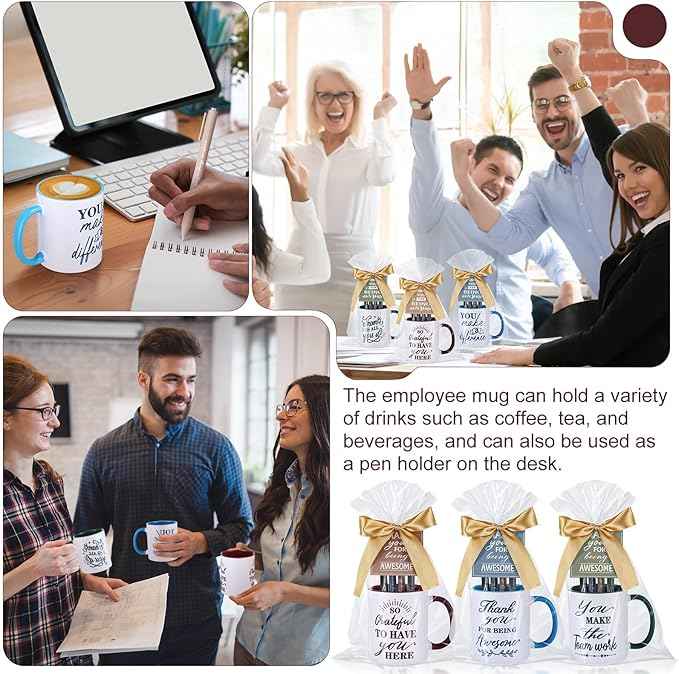 Baderke 6 Set Employee Appreciation Gifts Include Thank You Staff Mug Gift Set 12 oz Appreciation Mugs Inspirational Pens Tags for Employee Staff Team Group (Blue Green Brown,Classic)