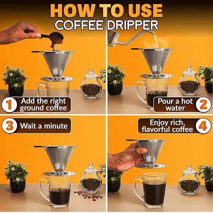 LEGLO Stainless Steel Pour Over Coffee Maker - 3.18x4.48 Pour Over Coffee Dripper with Wide Secure Base, Large Plastic Handle, and Brush for Easy Cleaning – Ensures Well-Balanced, Clean Flavor