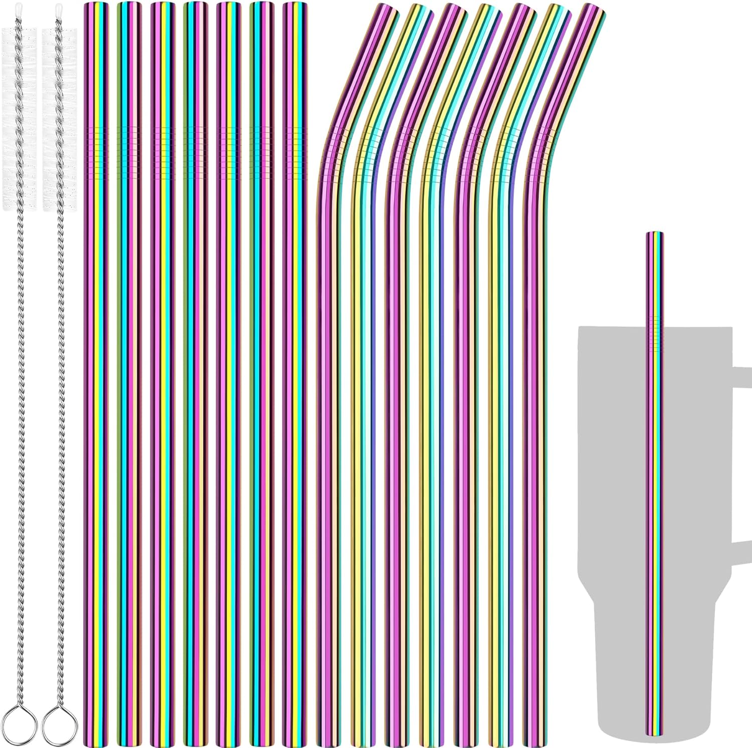Tomorotec 40oz Straws, 14PCS Stainless Steel Replacement Straws for Stanley 40oz Adventure Quencher Travel Tumblers w/Cleaning Brushes 2PCS, Food-Grade, Dishwasher Safe for Smoothies (Metallic)