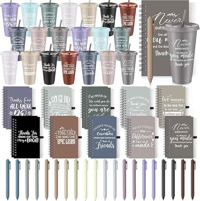 Shellwei 60 Pcs Employee Appreciation Gifts Bulk 24 oz Thank You Tumbler with Lid and Straw Mini Spiral Notebooks and Pens Appreciation Gifts for Team Employee Coworkers Teacher (Bright)