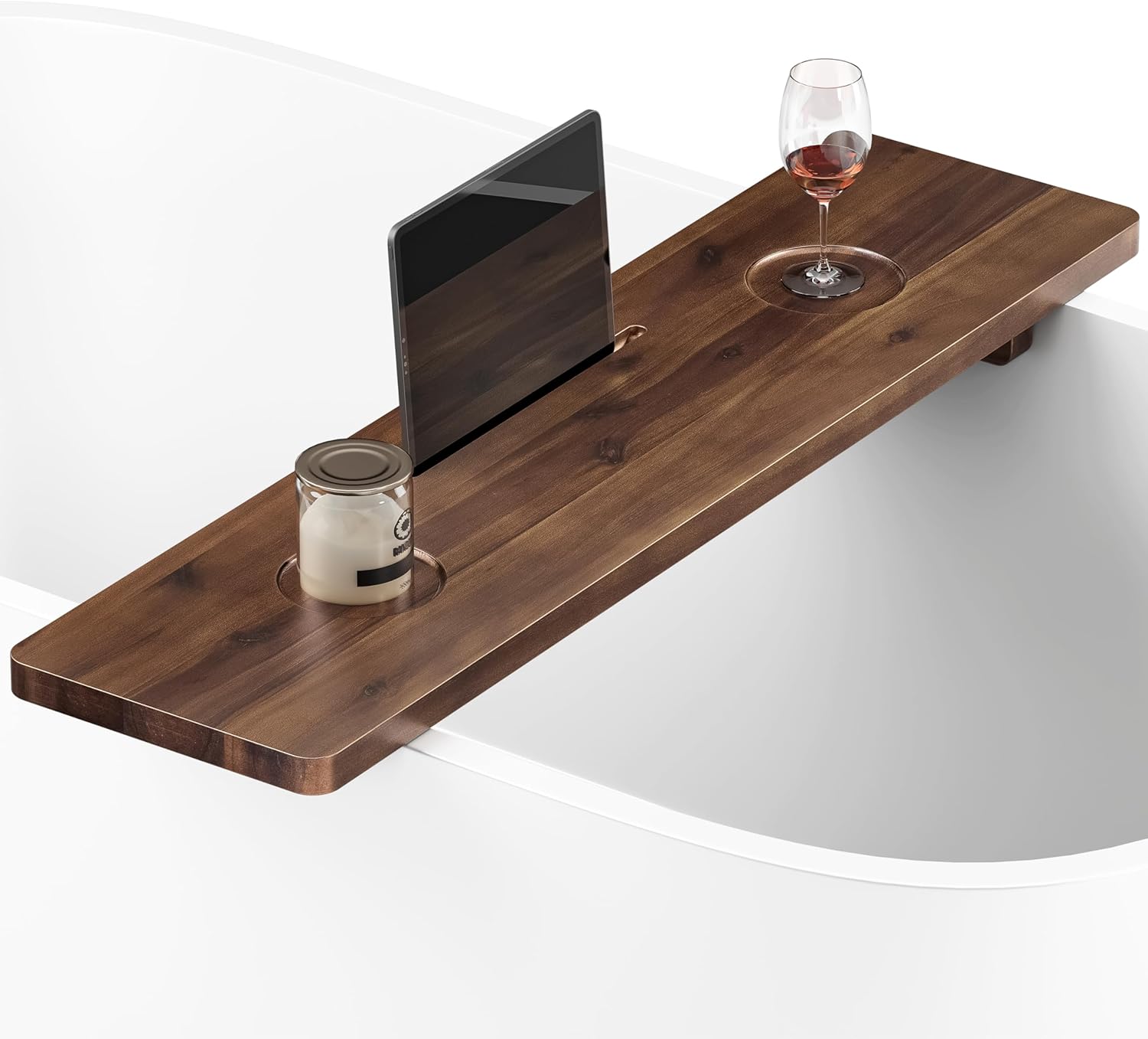 Tinamo 35”L Wooden Bathtub Tray, Bathtub Caddy Tray For Tub with Tablet Slot & Wine Holder - Acacia Bath Tray For Tub, Bath Table - Bathtub Tray Table with Adjustable Legs (Walnut color, 35