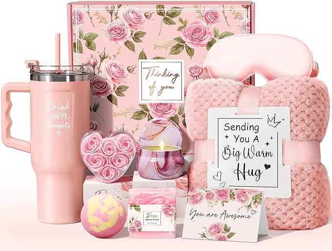 Birthday Gifts for Women Self Care Get Well Soon Gifts, Rose Relaxing Spa Gift Box Care Package Basket w/ Luxury Flannel Blanket 40 oz Tumbler, Mother's Day Gift for Mom Her Wife Girlfriend Sister