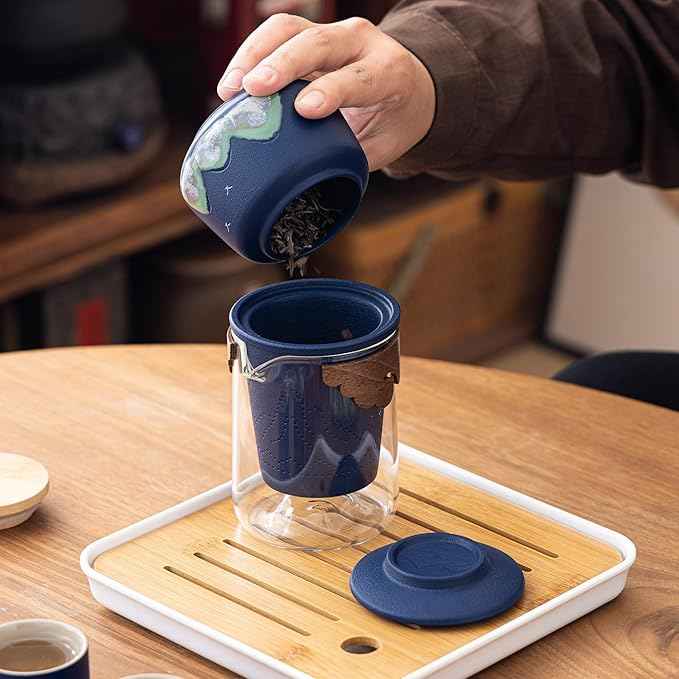 Portable Gongfu Tea Set with Travel Case, Ceramic Tea Set with Glass Teapot Infuser, Bamboo Tea Tray and 4 Ceramic Teacups, All-in-One Travel Tea Kit for Home Office Outdoor Picnic Camping