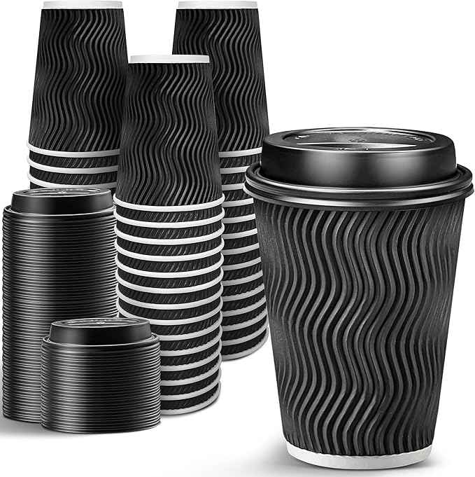 Ginkgo 100 Pack 12 oz Disposable Coffee Cups with Lids, To-Go Paper Coffee Cups for Hot Beverage, Chocolate and Cocoa, Coffee Bar Accessories - Black