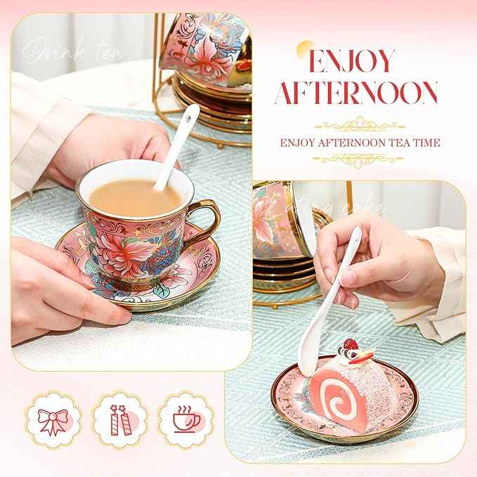 20 Pcs Porcelain Tea Set for Adults with Metal Holder and Spoon European Ceramic Tea Party Set Flower Painting Teapot Cup Saucer for Christmas Women Gifts, Serving 6 People(Fresh)