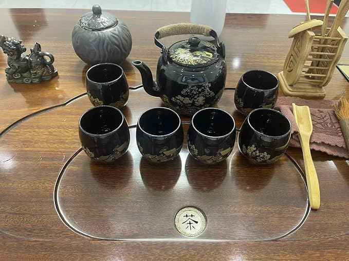 Gift Set Japanese Tea Set, Asian Black Glazed Ceramic Tea Set - Contains 1 Teapot, 1 Tea Strainer and 6 Teacups. Ideal for Home, Outdoor, Office (Black2)