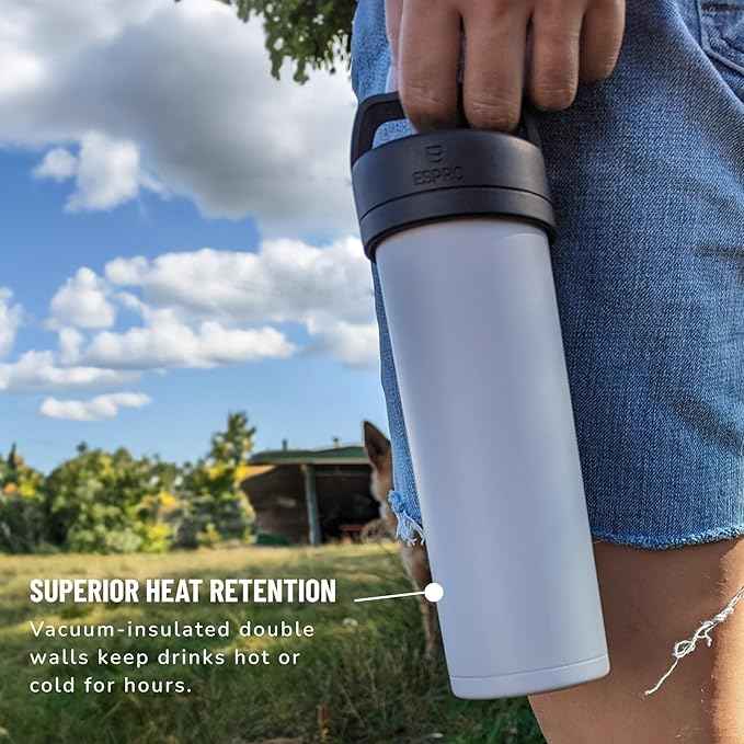 ESPRO P0 Ultralight French Press Coffee Maker for Travel, Vacuum Insulated Stainless Steel, 16 Ounces, Light Pink