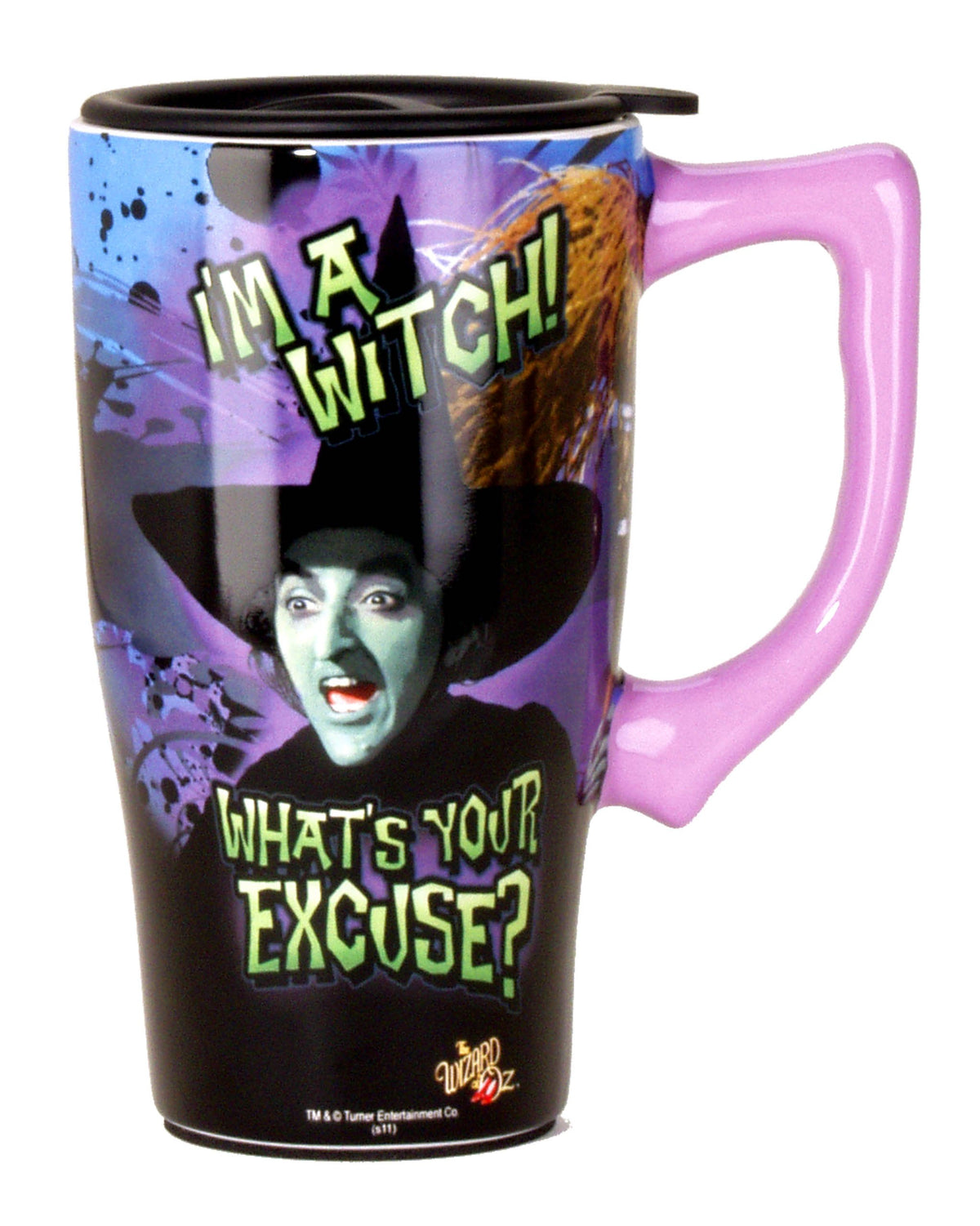 Purple 18 oz ceramic travel mug with locking lid and witch design