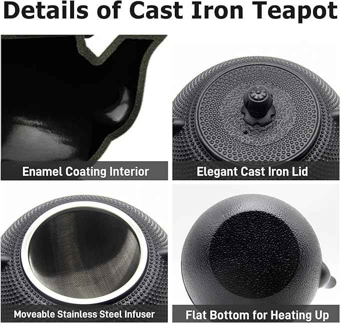 YJX 40.6oz Cast Iron Teapot Set with Warmer, Japanese Tea Set for Stovetop, 1200ml Black Tea Pot and Tea Cups Set, Tea Kettle with Infuser for Loose Leaves, Enameled Asian Teapot Sets for Adults