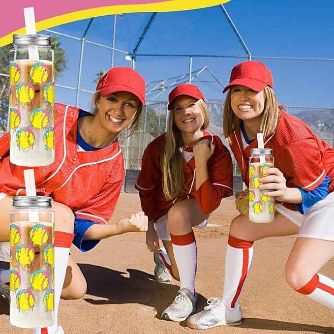 Vesici 24 Pcs Ice Cream Drip Softball Themed Tumbler Cups,14.2oz Spill-Proof Plastic Cups with Lids and Individual Straws, Bulk Set for Softball Team Gift, Ice Cream Drip Sports Party Favors