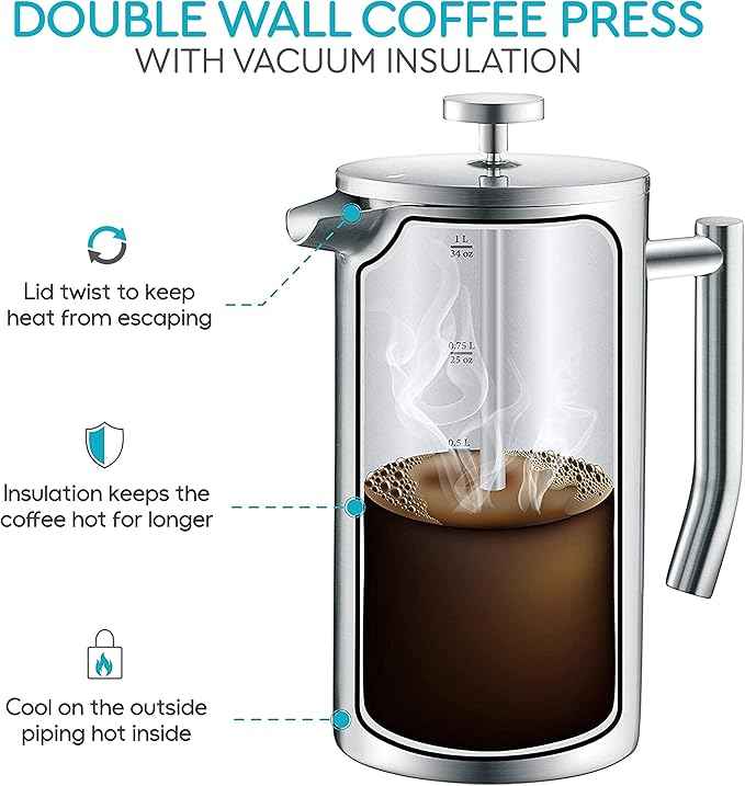 Belwares French Press Coffee Maker 50 oz - Large 304 Stainless Steel Double Wall Insulated Thermal Coffee Press for Home Kitchen, 4-Level Filtration with Extra Screens, Dishwasher Safe, 1.5L, Silver