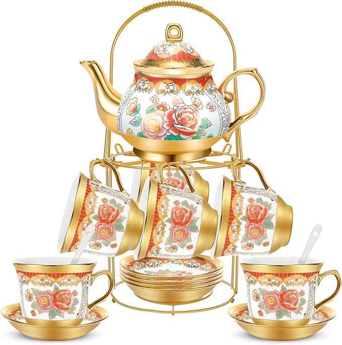 20 Pcs Porcelain Tea Set for Adults with Metal Holder and Spoon European Ceramic Tea Party Set Flower Painting Teapot Cup Saucer for Christmas Women Gifts, Serving 6 People(Classic)