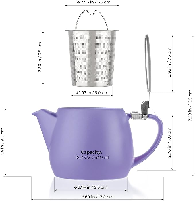 Tealyra - Pluto Porcelain Small Teapot Violet - 18.2-ounce (1-2 cups) - Matte Finish - Stainless Steel Lid and Extra-Fine Infuser To Brew Loose Leaf Tea - 540ml