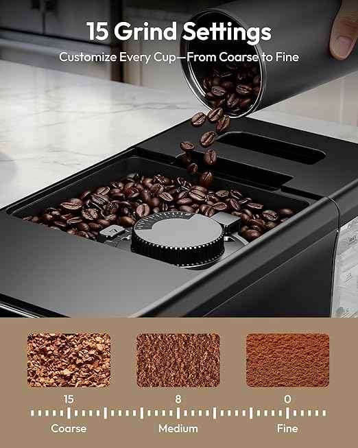 Automatic Espresso Machine, 20 Bar Coffee Maker with Grinder Built in Milk Frother, 15-Grind Settings Fully Automatic Espresso Machine with Touch Screen, Auto Self-Cleaning for Cappuccino & Latte
