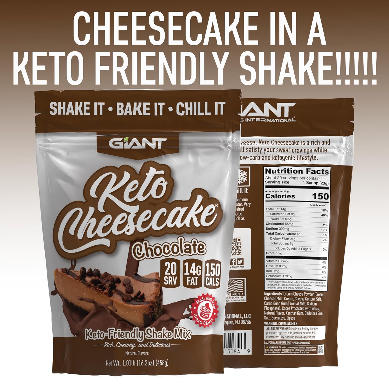 Giant Sports Keto Cheesecake Shake Mix - Delicious Low Carb, Ketogenic Diet Gluten Free Powder Mix - Works Great with Almond Milk - Chocolate (20 Serving Bag)
