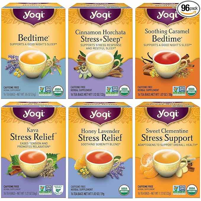 Yogi Tea Stress Relief & Herbal Tea Variety Pack - 16 Bags per Pack (6 Packs) - Organic Herbal Sampler - Includes Bedtime, Kava Stress Relief, Soothing Caramel Bedtime & More