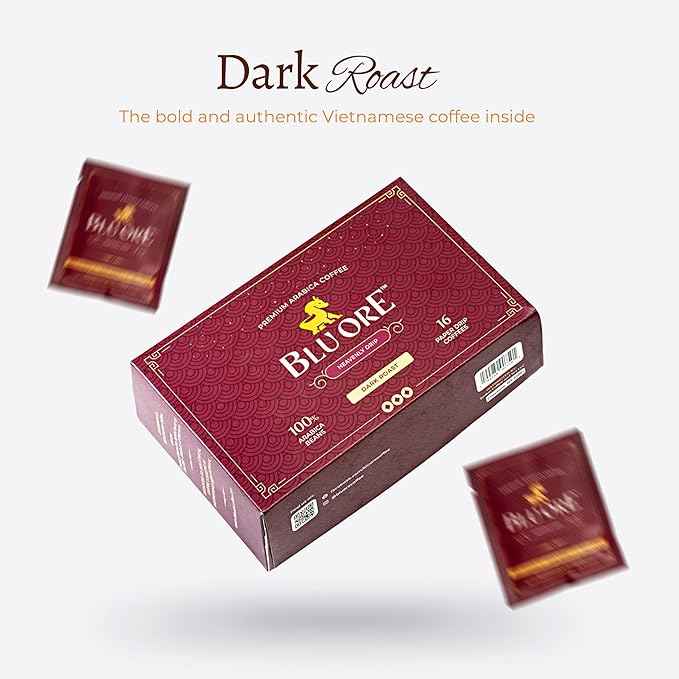 Blu Ore Premium Vietnamese Coffee - Single Serve Pour Over (16 Pack) - 100% Arabica Drip Bag Coffee, Eco-Friendly Filter, Travel Friendly, No Preservatives - Dark Roast