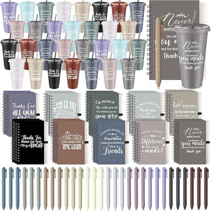 Shellwei 90 Pcs Employee Appreciation Gifts Bulk 24 oz Thank You Tumbler with Lid and Straw Mini Spiral Notebooks and Pens Appreciation Gifts for Team Employee Coworkers Teacher (Bright)