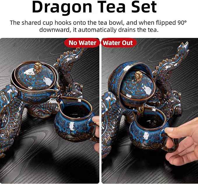 Chinese Gongfu Tea Set - Ceramic 360 Rotating teapot with Infuser, 8Cups, Semi Automatic Dragon Design for Loose Leaf Tea (Gift Box Set)