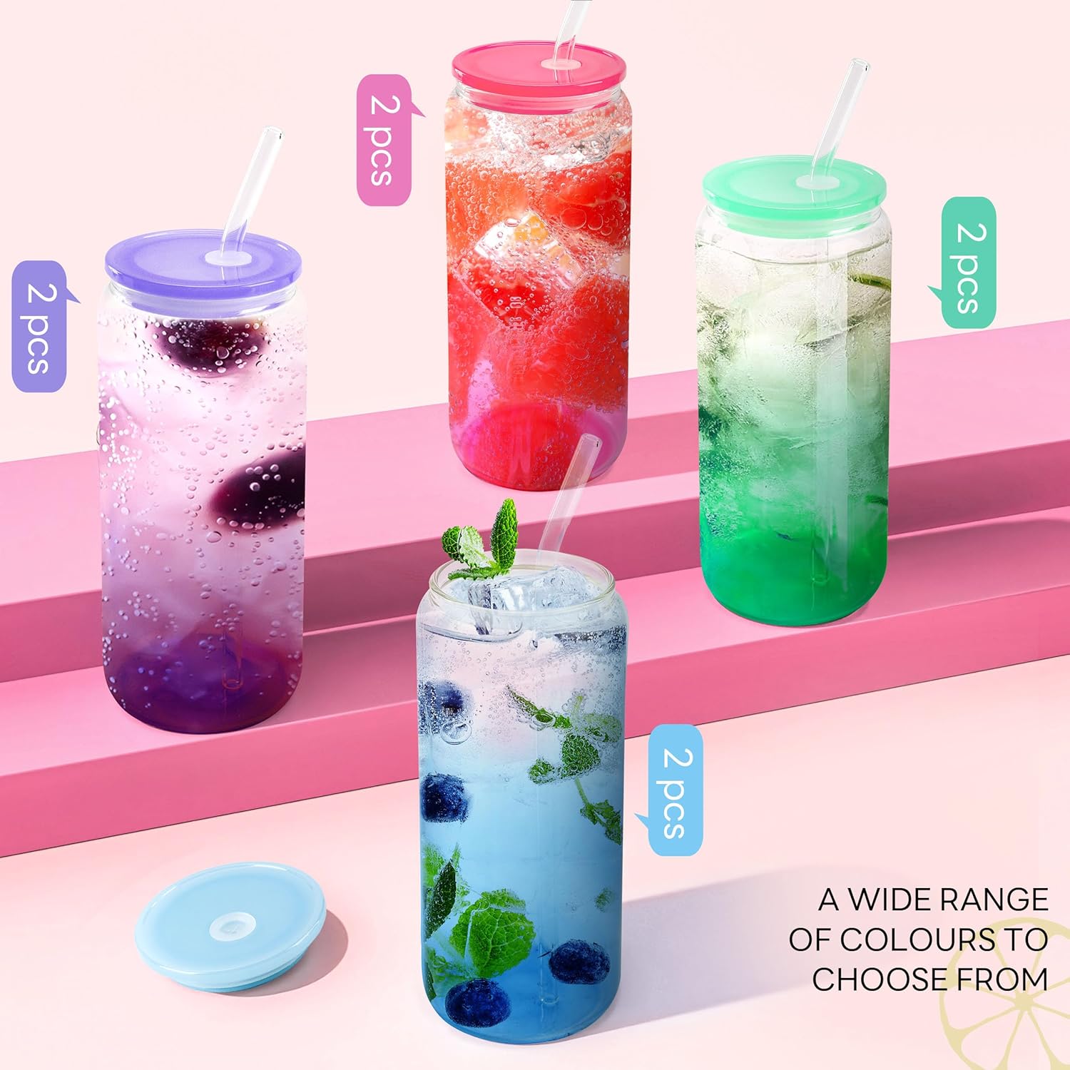Joyclub 20oz Glass Cups with Acrylic Lids and Straws 8 Set Can Shaped Glass Iced Coffee Cups with Lids, Gradient Drinking Glasses Cute Tumbler Cup Great for Smoothie Soda Boba Tea Cocktail Beer Gift