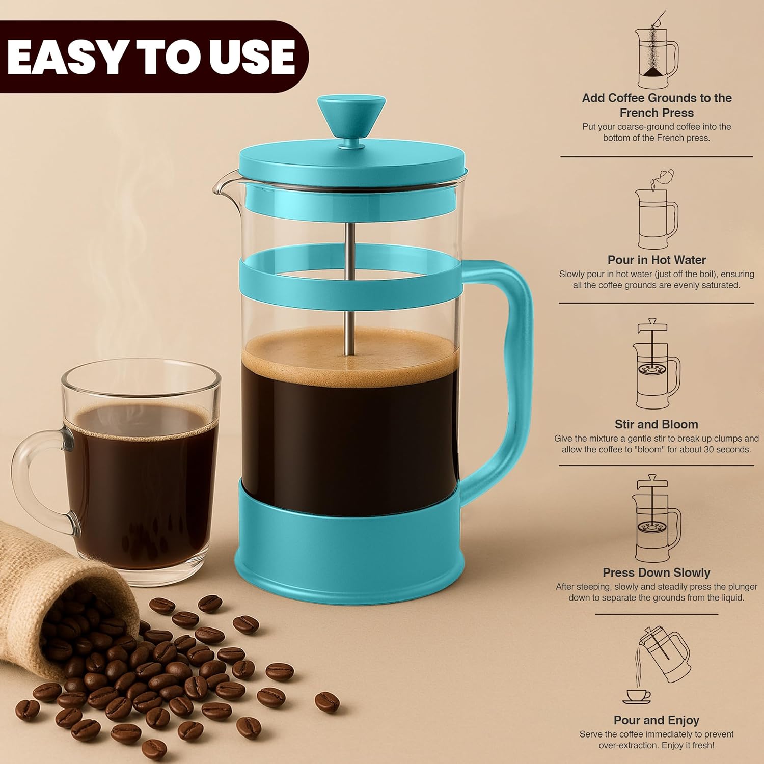 Utopia Kitchen French Press Espresso and Tea Maker with Triple Filters, Stainless Steel Plunger and Heat Resistant Borosilicate Glass (Aqua, 34-oz (Pack of 1)) - Blissbrew