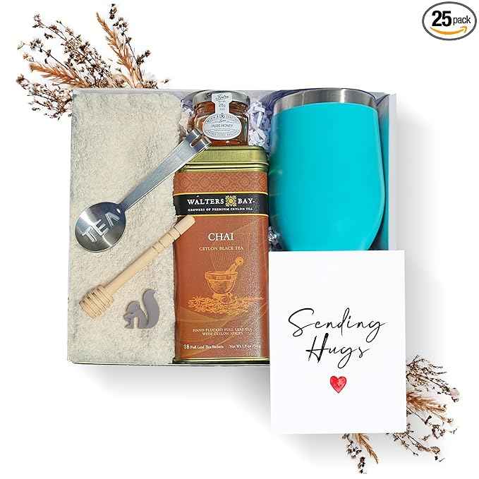 Tea Gift Set for Women – Get Well Basket with Cozy Socks, 18 Full Leaf Sachets, Honey, Tumbler & Sending Hugs Card (Chai)