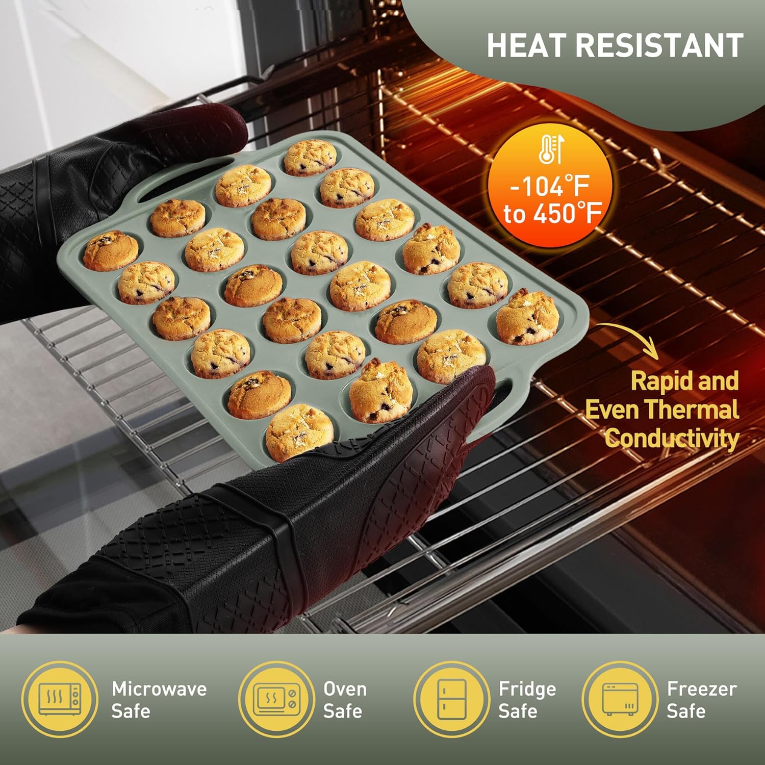24 Cups Silicone Muffin Pan with Metal Reinforced Frame Mini Size Cupcake Pan Tray Egg Bites Silicone Circle Cookie Molds Little Small Muffin Tin Tart Pans Baking Sheet Set for Sandwiches