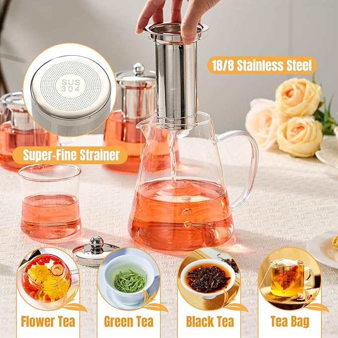 Baalaka Glass Teapot 44oz/1300ml, Tea Pot with Removable Infusers for Loose Tea, Borosilicate Glass Tea Kettle Tea Maker Stovetop for Camping, Tea Infuser for Loose Leaf Tea Travel