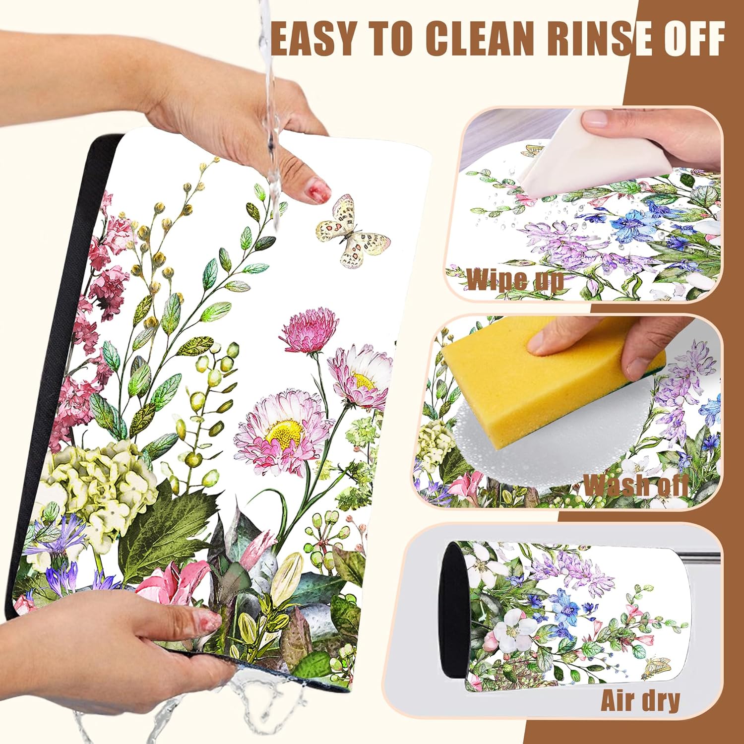 Watercolor Flower and Butterfly Dish Drying Mat for Kitchen Counter Absorbent Coffee Mat with Hide Stain Rubber Backed Espresso Machine Coffee Bar Accessories 15.7 x 23.6 Inch