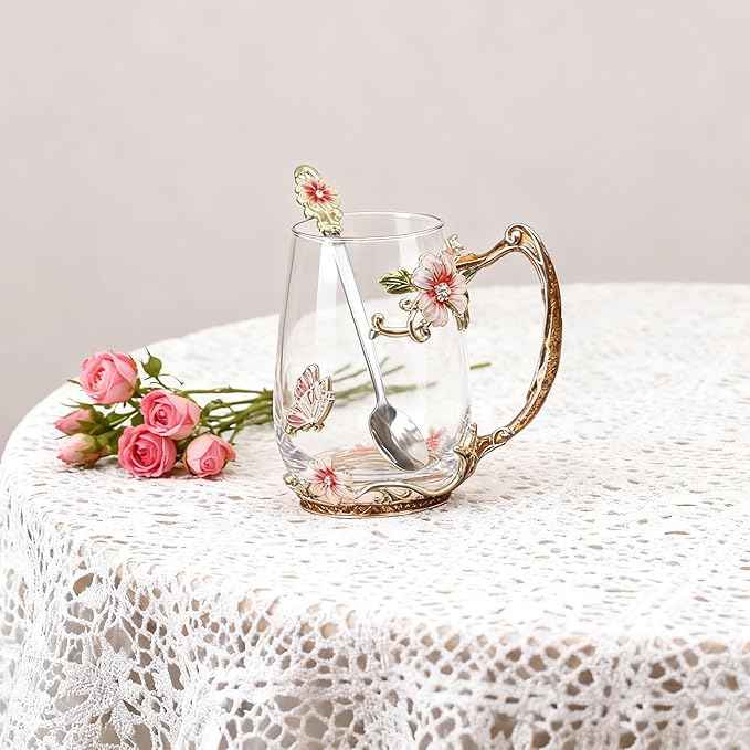 Flower Glass Coffee Tea Cup With Spoon Set Ideal Gifts For Mom Women Christmas Stocking Stuffers Valentine's Day Birthday Gifts For Her Girlfriend Wife Nice Present From Daughter Son (Red-Tal)