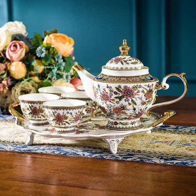 ACMLIFE Fine Bone China Tea Set, British Vintage China Set for Adults 24K Gold, Afternoon Cups and Saucers for Women Tea Party or Gift Giving (Pink and Gold)