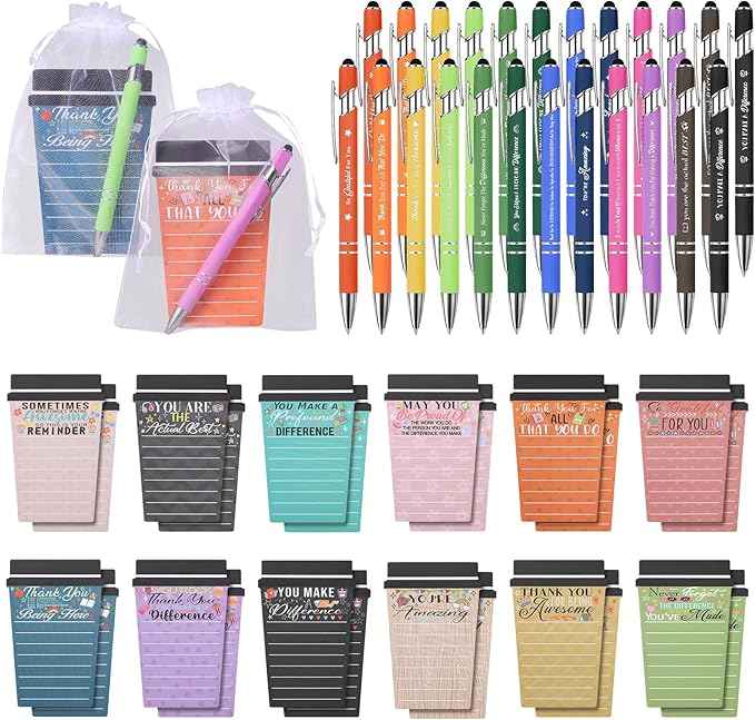 24 Set Employee Appreciation Gifts Bulk Team - 24 Pack Coffee Cup Notepad+24 Ballpoint Pens+ 24 Drawstring Gift Bags, Bulk Gifts for Coworkers/Staffs/Teachers/Christmas