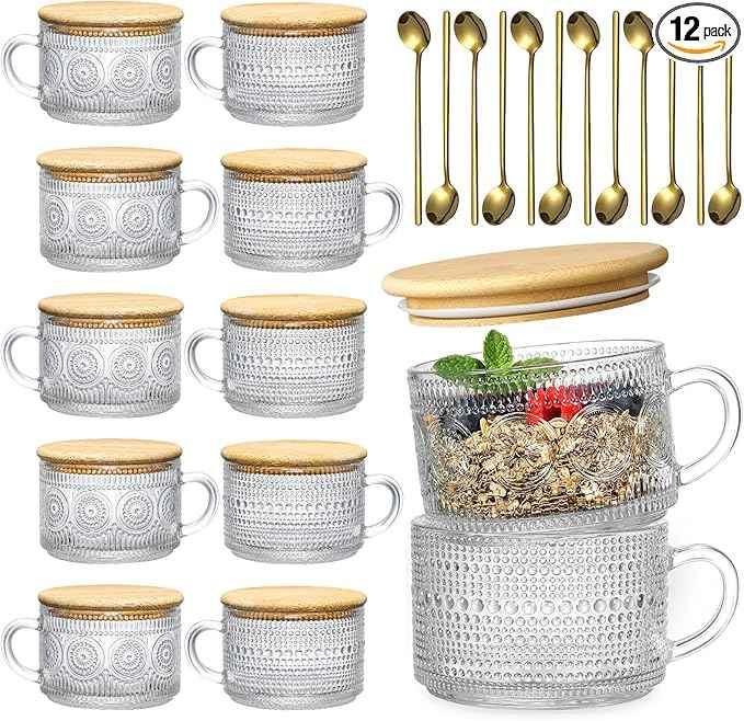 LANDNEOO 12pcs Set Irish Coffee Glasses, Vintage Coffee Mugs, Overnight Oats Containers with Bamboo Lids and Spoons - 14oz Clear Embossed Glass Cups, Cute Coffee Bar Accessories, Iced Coffee Glasses